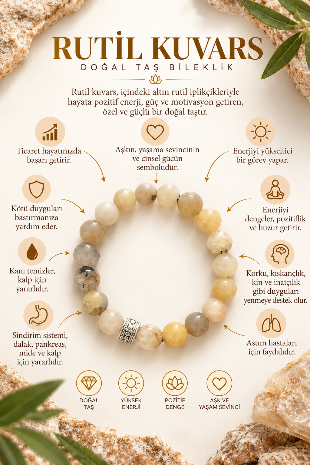 RUTİL KUVARS YUVARLAK İŞLEME BİLEKLİK