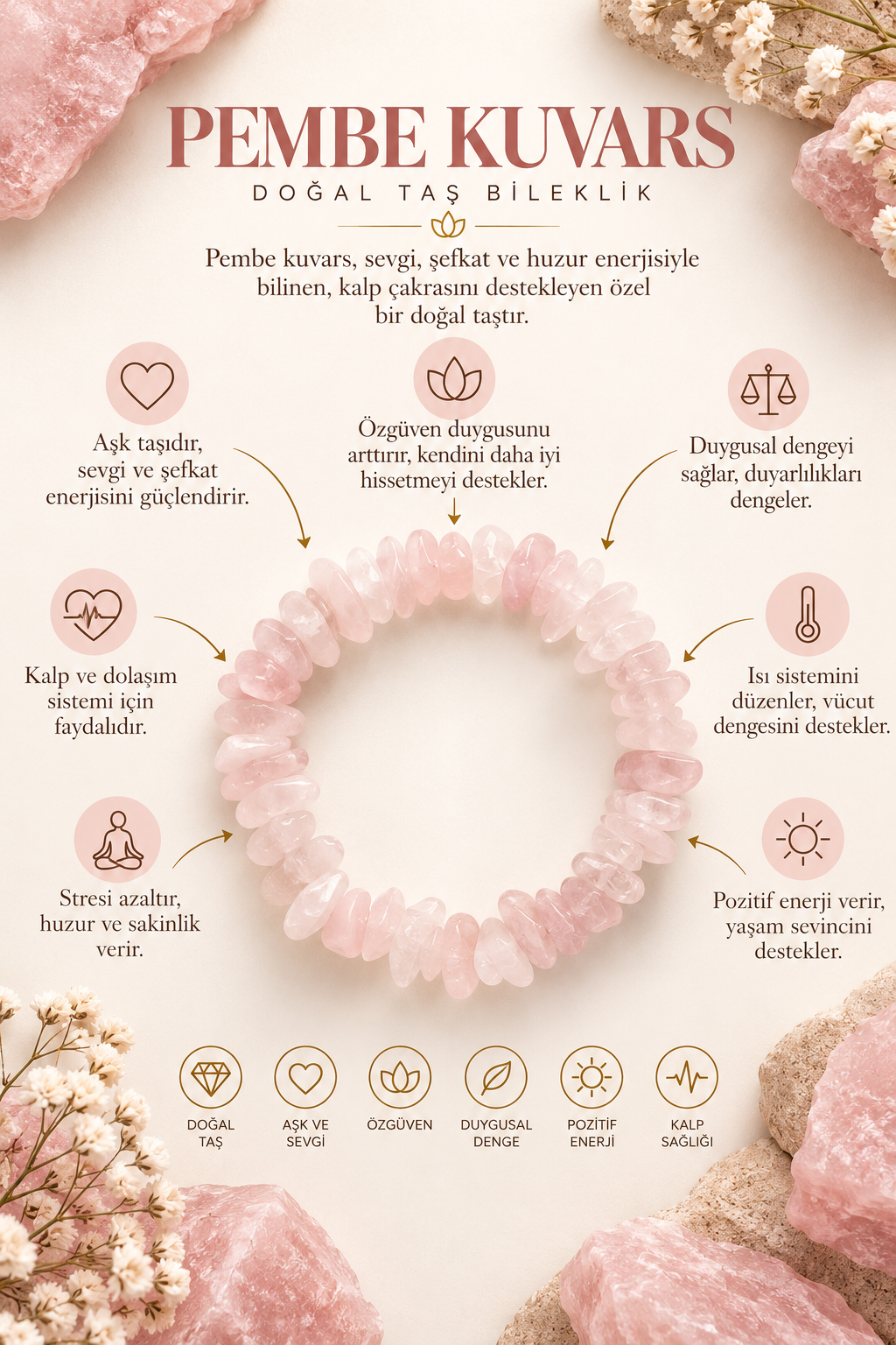 PEMBE KUVARS KIRIK GÖRÜNÜMLÜ BİLEKLİK